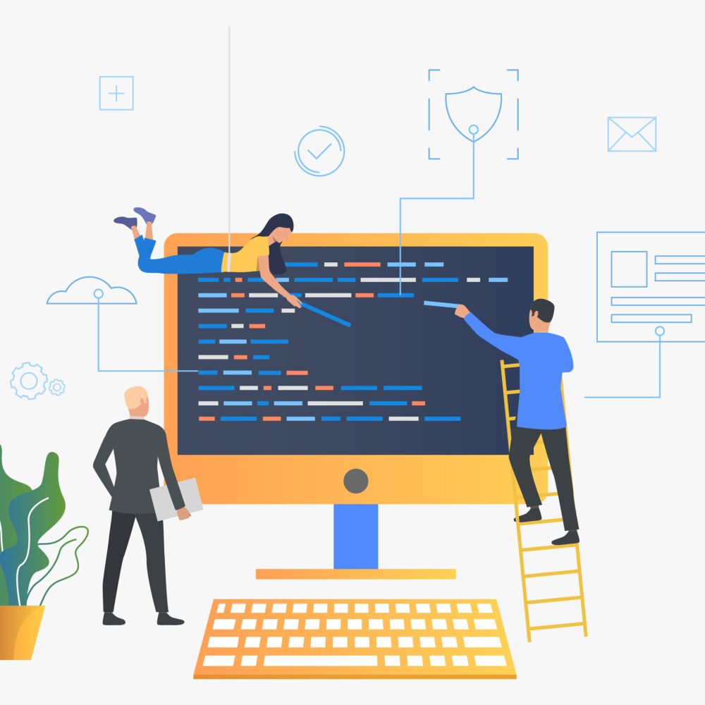 IT specialists upgrading operating system vector illustration. IT support, software, programming. Computer concept. Design for website templates, posters, banners